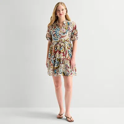 Msk Womens V Neck Short Sleeve Cap Paisley Fit + Flare Dress In Brown