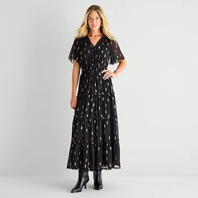 Msk Womens V Neck Short Sleeve Flutter Chiffon Maxi Dress In Multi