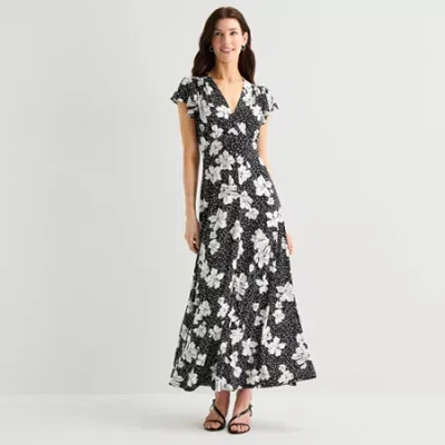 Msk Womens V Neck Short Sleeve Flutter Maxi Dress In Black