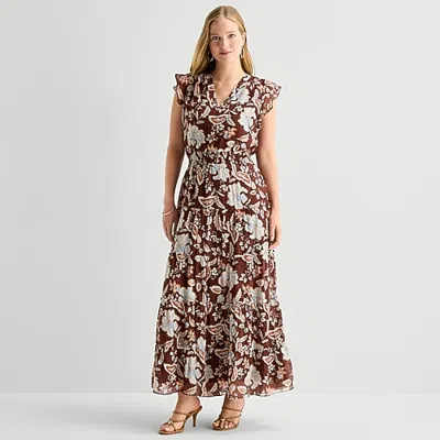 Msk Womens V Neck Short Sleeve Flutter Maxi Dress In Brown