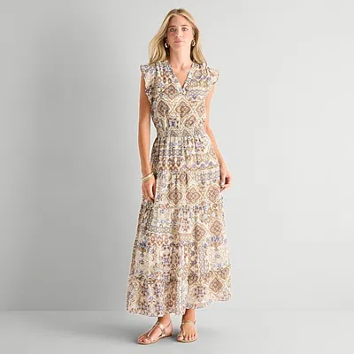 Msk Womens V Neck Short Sleeve Flutter Maxi Dress In Brown