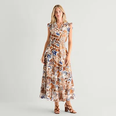 Msk Womens V Neck Short Sleeve Flutter Maxi Dress In Brown