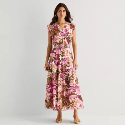Msk Womens V Neck Sleeveless Flutter Maxi Dress In Pink
