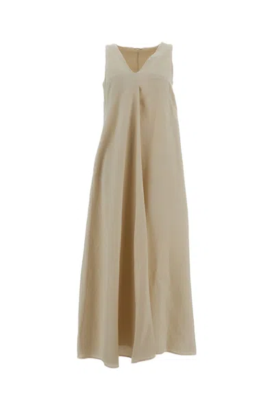 M.s.m Milano Linen Maxi Dress With V-neckline And A-line Silhouette In Neutral