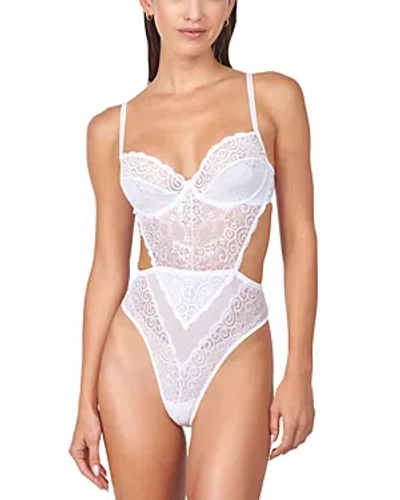 Mucci Alessandra Lace Open Back Thong Bodysuit In Bianca