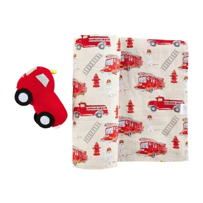 Mudpie Fire Truck Swaddle Blanket & Rattle In Beige/red