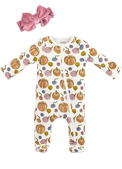 Mudpie Kids' Girl's Pumpkin Rib Sleeper Footie And Bib In White Multi