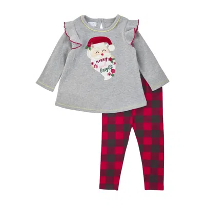 Mudpie Kids' Girl's Santa Floral Tunic & Check Legging Set In Gray/red In Black