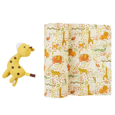 Mudpie Kid's Safari Swaddle Blanket & Rattle Set In Multi