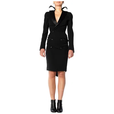 Pre-owned Mugler 1980s Thierry  Black Silk & Wool Tuxedo Styled Cocktail Dress With Vinyl