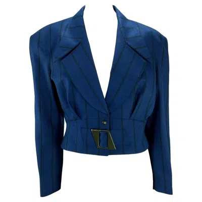 Pre-owned Mugler 1980s Thierry  Blue Cropped Sculptural Belted Pinstripe Wool Blazer Fr40