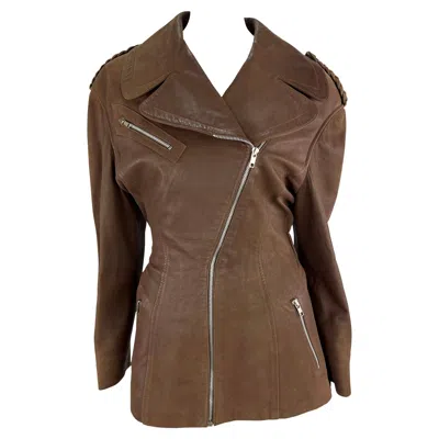 Pre-owned Mugler 1980s Thierry  Brown Suede Leather Moto Zip Biker Jacket 40fr