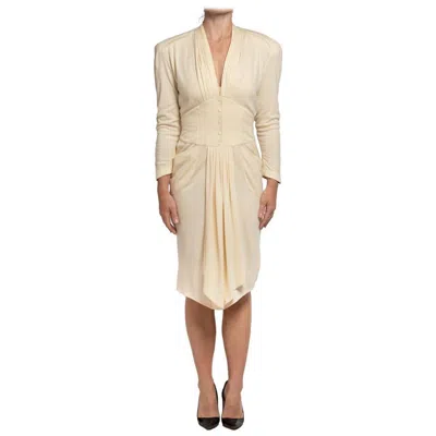 Pre-owned Mugler 1980s Thierry  Cream Wool Blend Jersey Sleeved Dress With Pockets In White