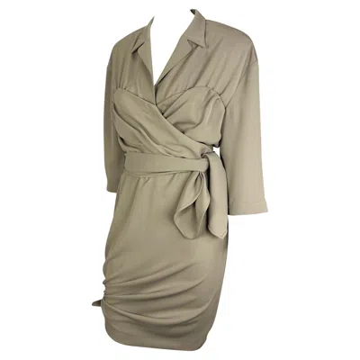 Pre-owned Mugler 1980s Thierry  Khaki Faux-wrap Tie Accent Dress In Brown