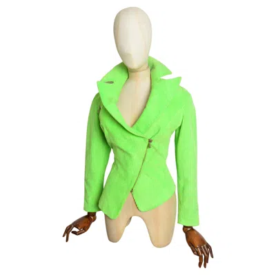 Pre-owned Mugler 1980s Thierry  Wasp Waist Neon Green Corduroy Fitted Blazer Biker Jacket