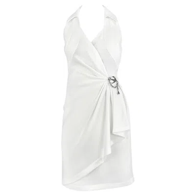 Pre-owned Mugler 1990s Thierry  Anchor Brooch Collared White Plunging Wrap Dress Fr40