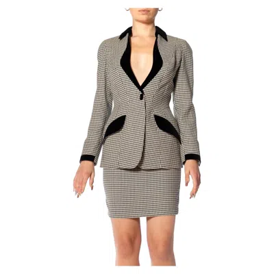 Pre-owned Mugler 1990s Thierry  Black & White Check Skirt Suit With Velvet Trim