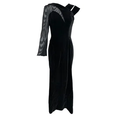 Pre-owned Mugler 1990�s Thierry  Black Velvet One-shoulder Illusion Mesh Evening Gown