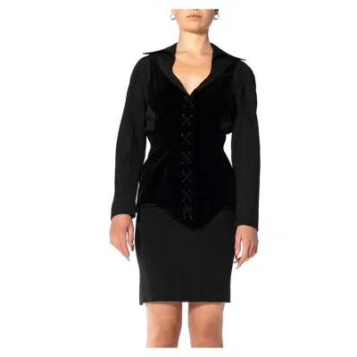 Pre-owned Mugler 1990s Thierry  Black Wool & Velvet Skirt Suit With Faux Laced Corset Deta