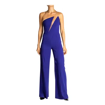 Pre-owned Mugler 1990s Thierry  Cobalt Blue Rayon Blend Jumpsuit With Beaded Clear Vinyl S