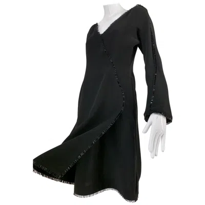Pre-owned Mugler 1990s Thierry  Fit & Flare Wrap Style Black Cocktail Dress W Bead Fringe