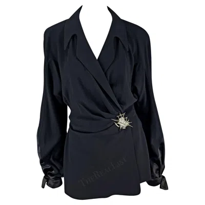 Pre-owned Mugler 1990s Thierry  Rhinestone Brooch Balloon Sleeve Blazer Jacket 44fr In Black