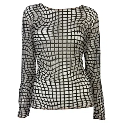 Pre-owned Mugler 1990s Thierry  Sheer Beige Mesh Op Art Print Long Sleeve Top In Brown