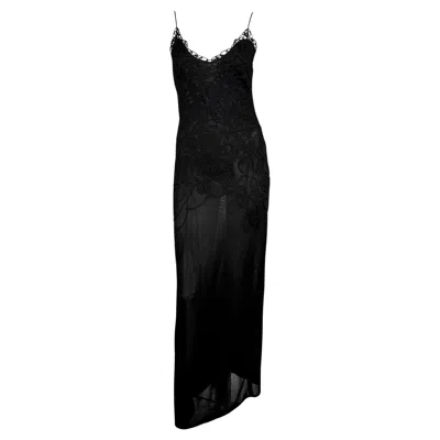 Pre-owned Mugler 1990s Thierry  Sheer Bodycon Abstract Swirl Embroidered Black Slip Gown M