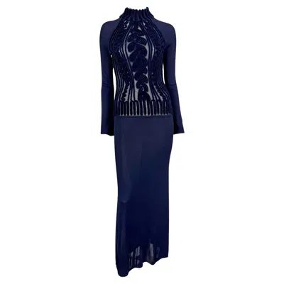 Pre-owned Mugler 1990s Thierry  Sheer Velvet Devoré Faux Cable-knit Navy Blue Bodycon Gown