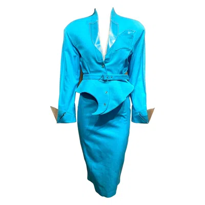 Pre-owned Mugler 1990s Thierry  Turquoise Cotton Skirt Suit Set In Blue