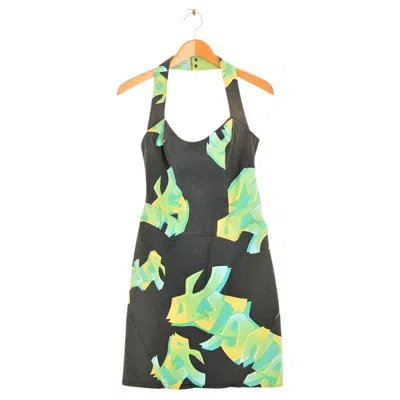 Pre-owned Mugler 2000's Thierry  Graffiti Print Slogan Halter Neck Denim Dress In Black