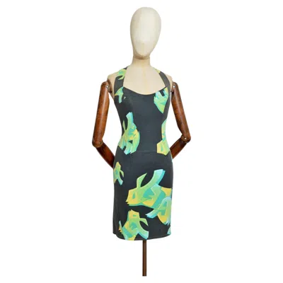 Pre-owned Mugler 2000's Thierry  Graffiti Tag Print Slogan Halter Neck Denim Dress In Black