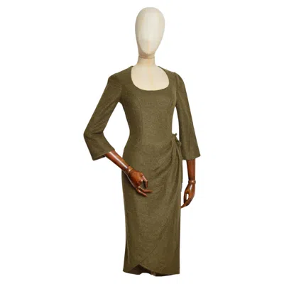 Pre-owned Mugler 2000s Thierry  Khaki Olive Green Vintage Fuzzy Wool Long Sleeve Dress