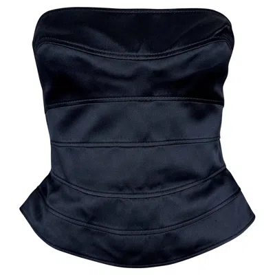Pre-owned Mugler 2000s Thierry  Navy Satin Paneled Strapless Bustier Silk Corset Top 44fr In Blue