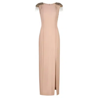 Pre-owned Mugler 2000s Thierry  Taupe Silk Dress With Studded Shoulders In Brown