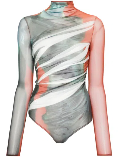 Mugler Abstract Print Bodysuit In White