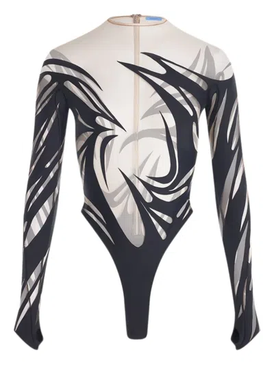 Mugler Abstract-print Long-sleeve Bodysuit In Neutral