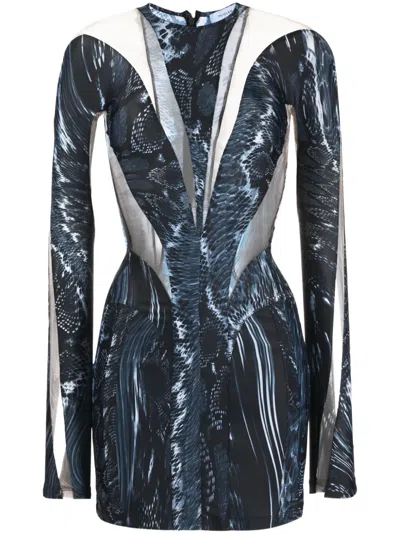 Mugler Abstract-print Sheer-panelled Minidress In Blue