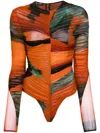 Mugler Archive-print Mesh Bodysuit In Orange