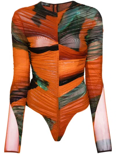 Mugler Archive-print Mesh Bodysuit In Orange