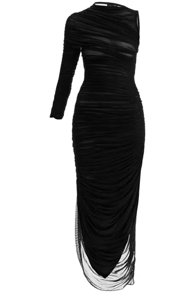 Mugler Ruched Asymmetrical Dress In Black