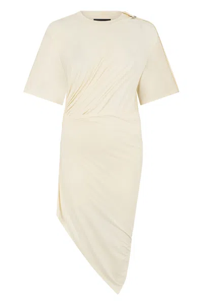 Mugler Asymmetric Cotton Blend Dress Ruched Detail In Neutral