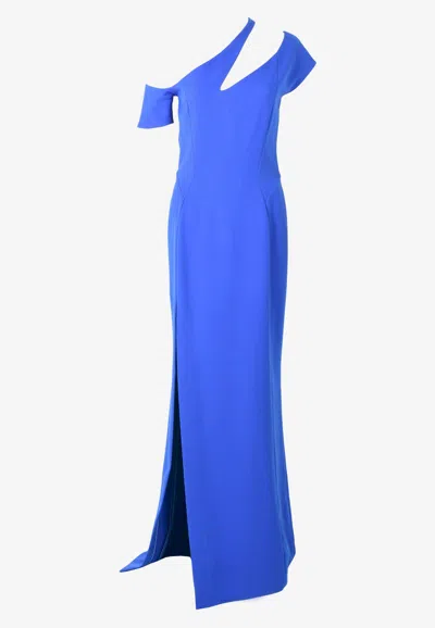 Mugler Asymmetric Neck Column Gown With Slit In Blue