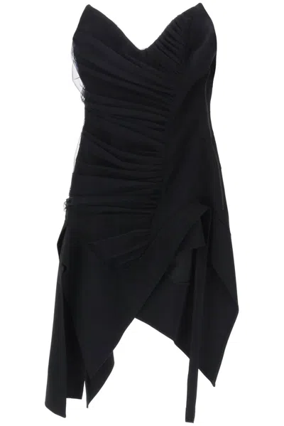 Mugler Asymmetric Ruched Bustier Dress In Black