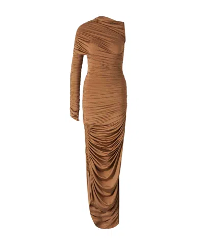 Mugler Asymmetric Ruched Maxi Dress In Beige