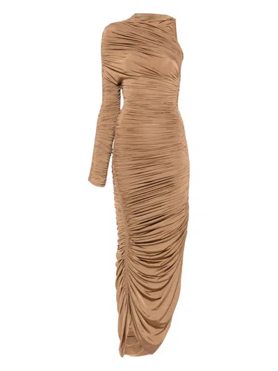 Mugler Asymmetric Ruched Maxi Dress In Brown