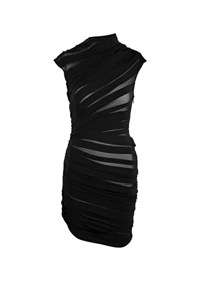 Mugler Asymmetric Ruched Mesh Mini Dress In Black