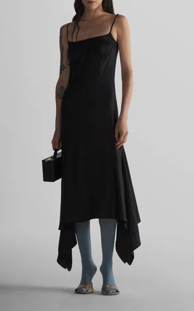 Mugler Asymmetric Silk-satin Midi Dress In Black