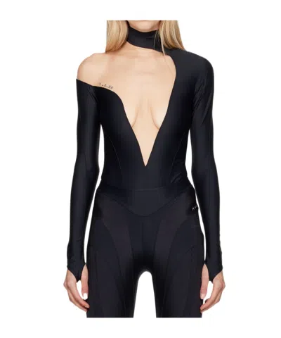 Mugler Black & Beige Asymmetrical Illusion Bodysuit In 19991 Black Nude 01