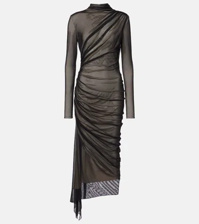 Mugler Asymmetrical Mesh Midi Dress In B9908 Black / Champa